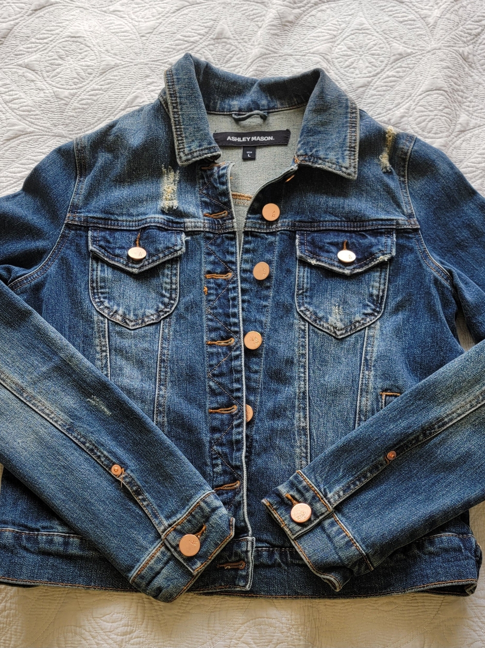 Ashley Mason Distressed Blue Denim Jacket Size Large